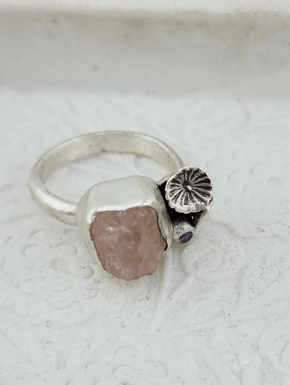 ROSE QUARTZ & AMETHYST FLOWER RING HANDMADE IN STERLING SILVER 7.5